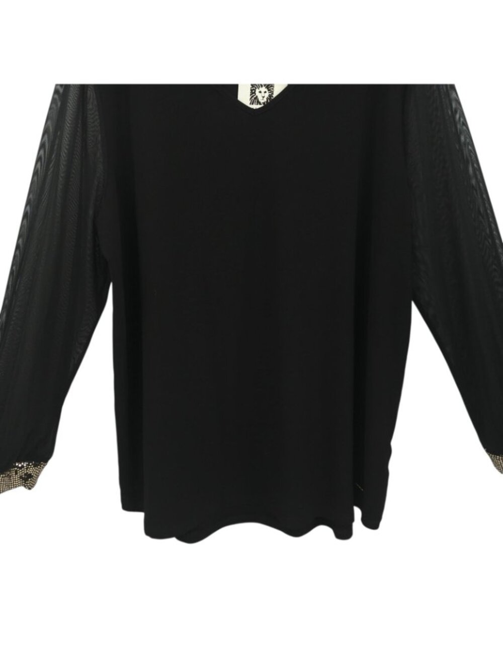 Anne Klein Black V-Neck Top Blouse Womens XL Sheer Mesh Long Sleeve Sequin Cuffs - Picture 11 of 16